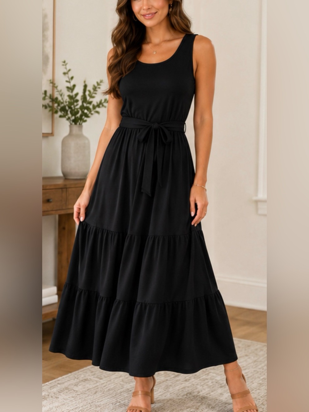 Elizabeth and James Black Tiered Sleeveless Maxi Dress Tie Waist Size M
